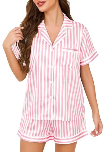 Lovasy Pyjama Satin Femme Short Ensemble Pijamas à Manches Courtes Chemises de Nuit Sexy Chic Été 2 Pièces Vêtements de Nuit en Soie Boutonnée
