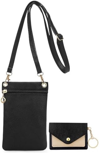 Pochette Téléphone Portable Femme,Petit Sacoche Telephone Portable Femmes avec Mini Porte Monnaie,Noir Pochette pour Téléphone Portable en Cuir PU,Sac Téléphone Portable Bandoulière Réglable (2PCS)
