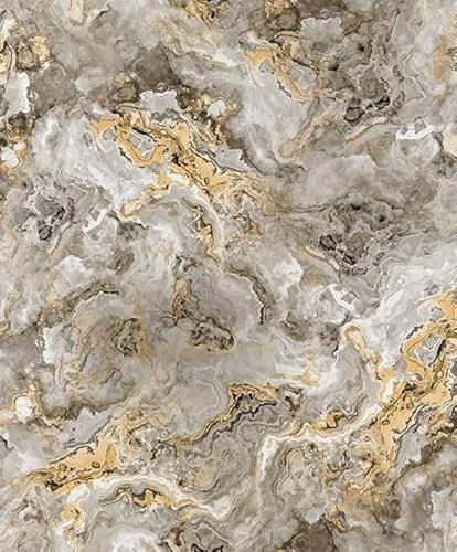 WPE® Heavyweight Vinyl Wallpaper – Liquid Marble Design in Shades of Grey with Gold Marble Veins, Textured Washable Finish, Luxury Wallcovering for Living Room, Bedroom, Feature Walls – 62537