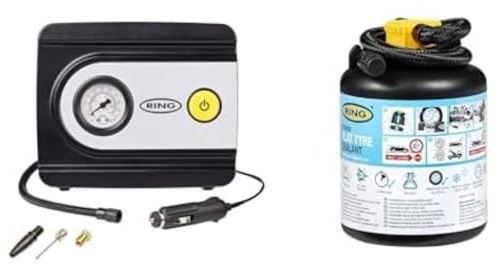 RING TYREINFLATE 10 Analogue Tyre Inflator with Three Adaptors & Flat Tyre Sealant - Compact Car Air Pump & Puncture Repair Bundle