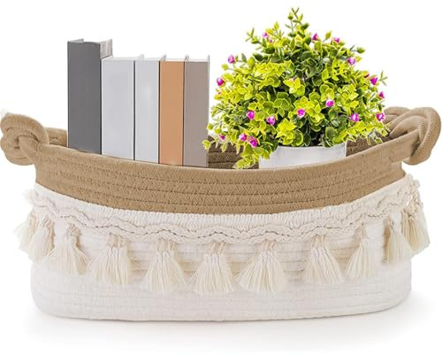 CharmBurst Geschenkkorb Leer Klein, Geflochtener Korb Aus Baumwollseil, Weißer Aufbewahrungskorb, Wattestonseil Deko Korb Für Geschenke, Geschenk Korb Rund (Khaki)