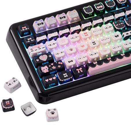 KiiBOOM Cute Cat Keycaps Set, Mao Profile, Cat Shape | PBT/PC Keycap for MX Switch Mechanical Keyboard, Compatible with 60%, 65%, 75%, TKL, 96%, Full-Sized ANSI Layout (Meow Bow)