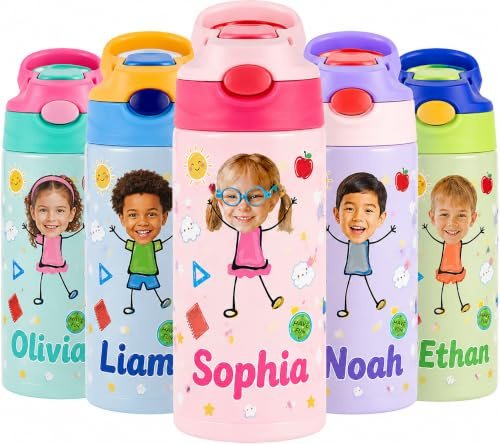 VEELU Personalisierte Trinkflasche Kinder mit Strohhalm & Namen | 350ml Auslaufsicher Edelstahl Isolierflasche BPA-frei für Mädchen & Jungen, Wasserflasche für Kindergarten, Schule & Outdoor