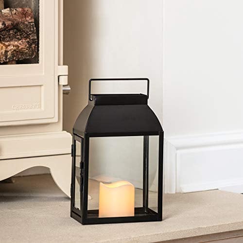 Lights4fun Black Metal Battery Operated Fully Waterproof Outdoor Garden Candle Lantern Warm White LED for Indoor Outdoor Use 35cm