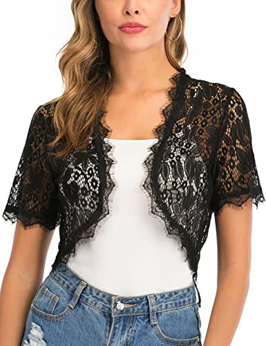 Enjoyoself Damen Elegant Spitzenbolero Festlich Kurzarm Schulterjacke Leichtes Jäckchen für Kleid Top,Schwarz,XL