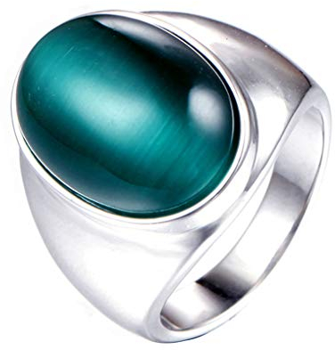 HIJONES Herren Edelstahl Große Ovale Katzenauge Grün Stein Ringe Eheringe Silber Größe 65 (20.7)