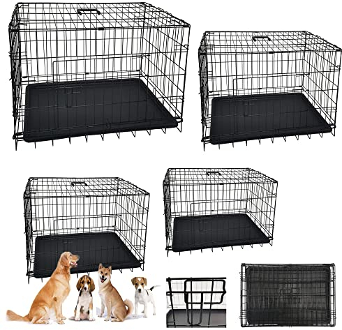 Medium Dog Cages Puppy Dog Crate Medium 30 inch Black Folding 2 Doors 2 Locks Crate Heavy Duty Animal Transport Pet Carrier With Removable Plastic Tray & Carrying Handle