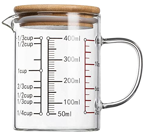TAMUME Glass Measuring Cup with Lid, Multiple Scaling for Kitchen Use (400ml)