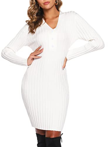 Wayleb Robe Pull Hiver Col en V Robe Pull Femme Chic Élégant Sexy Moulante Robe en Tricot à Manches Longues Automne Hiver pour Fête Bureau Décontracté