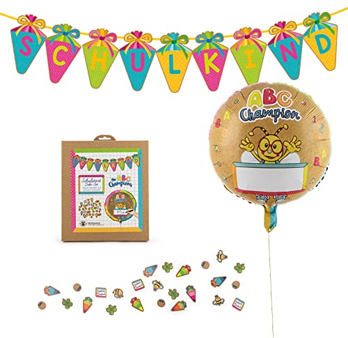 Trendhaus ABC Champions Dekoration zur Einschulung, 1x Girlande „Schulkind“, 1x Konfetti „Schulstart“, 1x Folienballon zum Schulanfang, 956514
