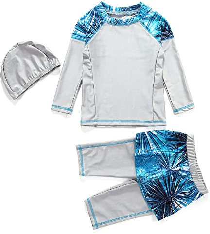 Mädchen Kinder Muslimische Bademode Islamische Schwimmanzug Badeanzug Burkini Muslim Swimwear Full Cover Langarm Top mit Kurzes Hosen Hut Schwimmhaube Set Strandmode UV Schutz Anzug Grau 9-10 Jahre