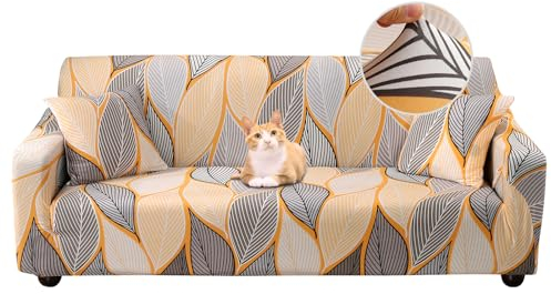 Jaotto Sofabezug 3 Sitzer Elastischer Stretch Spandex Sofa Überwürfe Sofahusse Antirutsch Waschbar Sofaschoner Couchbezug für Sofa mit Armlehne,Gelb Blätter