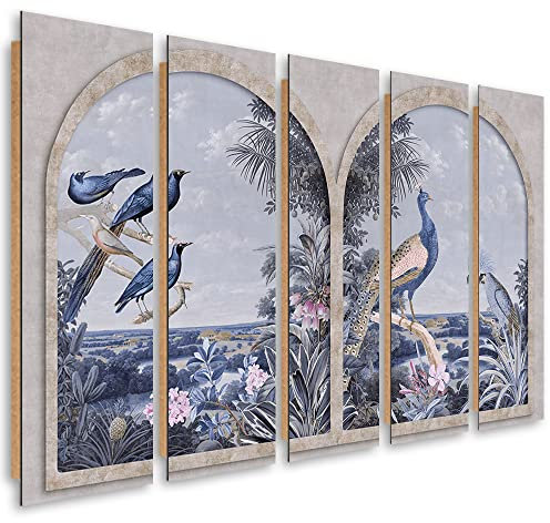 Feeby Wanddeko 5 Paneele 200x100 cm Blick aus dem Fenster Palmen Vintage Vögel Deko Wand Kunst Wohnzimmer Wohnungs Deko Retro Natur Pflanzen Violett