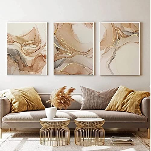 HEHGVCF 3 Stück Leinwand Bild Marmor Beige Gold Wandbilder Marmor Goldene Wohnzimmer Deko Beige Poster Kein Rahmen Malerei Wandkunst (Beige,50 x75cm)