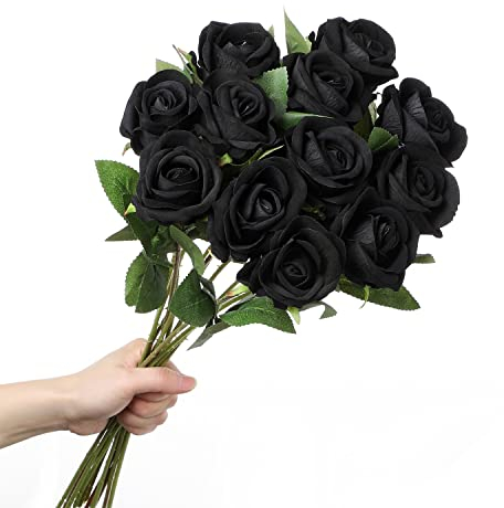 huaao 12 Pezzi Fiori Artificiali Rose di Seta, Singola a Gambo Lungo Rosa Finte, Bouquet da Sposa per Decorazioni Floreali Nozze Ufficio Casa Centrotavola per Feste fai da te Giardino, Nero