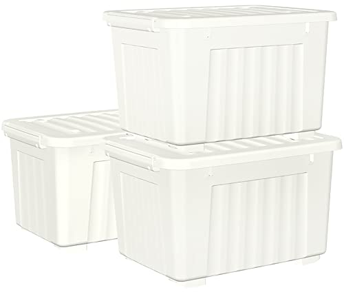Cetomo 80L*3 Plastic Storage Box,White, Tote box,Organizing Container with Durable Lid and Secure Latching Buckles, Stackable and Nestable, 3Pack, with Buckle