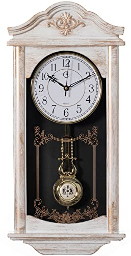 Clockswise Vintage Grandfather Wood - Looking Plastic Antique Pendulum Wall Clock for Living Room Decor, Kitchen, Office, Or Dining Room, Silent Wall Mount Battery-Operated (White)
