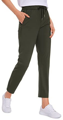 CRZ YOGA Damen Sweathose Taschen Sporthose Leichte Atmungsaktive Jogginghose Lang Hose mit Tunnelzug - 70cm Olivgrun 44