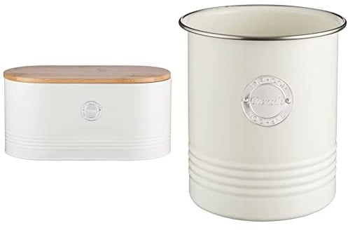 Typhoon Living Bread Bin with Bamboo Lid, 16 x 33.5 x 18 cm, Cream & Utensil Pot, Steel, Cream, 15cm