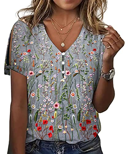 KCatsy Women Floral Flower Pattern Graphic Slit Short Sleeve Print Button Embellished V-Neck Loose Summer Top Tee Blouse T-Shirt Shirt B Grey 2XL 16