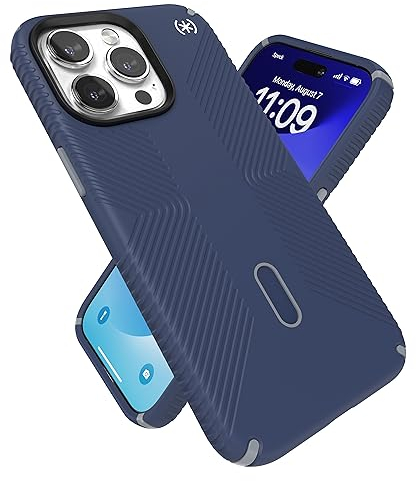 Speck iPhone 15 Pro Max Hülle – ClickLock rutschfeste Interlock, MagSafe kompatibel, Fallschutzgriff – Kratzfest, weiche Haptik, 6,7 Zoll Handyhülle – Presidio2 Grip Coastal Blue/Dust Grey/White
