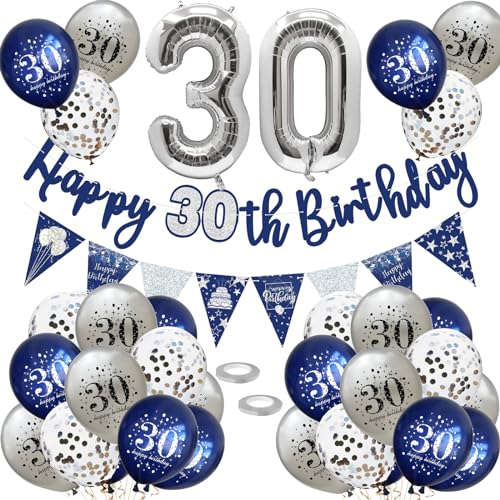 30. Geburtstag Dekoration Set - Luftballons, Happy Birthday Girlande, Konfetti - Nacht Blau Silber Deko für Frauen und Männer - Party Supplies