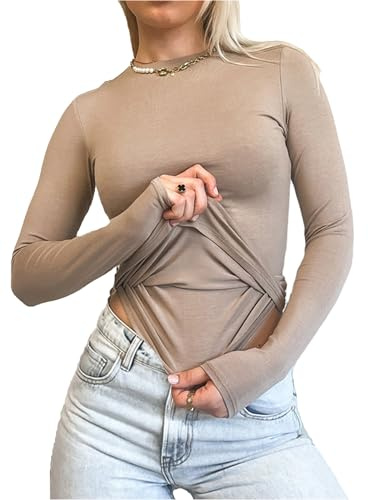 Women's Slim Fit Crop Tops Casual Solid Color Crew Neck Long Sleeve Tight T-Shirt Basic Blouse Tee Tops (X-Double Layer Khaki, M)