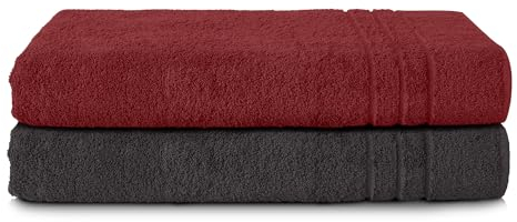 Komfortec 2er Saunatuch Set 80x200 cm aus 100% Baumwolle, XXL-Saunatücher, Sauna Handtuch, Weich, Groß, Frottee, Schnelltrocknend, Schwarz/Aurorarot