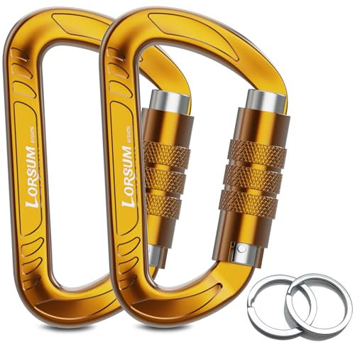 Lorsum Auto Locking Carabiner Clips Heavy Duty, 12KN /1227kg Lightweight (1.0oz), Sturdy Twist Lock Caribeeners for Camping Hiking Hammock Swing Backpack, Dog Leash and Harness etc, 2 Pack Gold