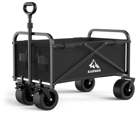 Chariot de Plage Pliable, Chariot de Jardin, Chariot de Transport à roulettes Tout Terrain Poignée Réglable Charrette pour Extérieur Camping Pique-Nique BBQ Solide (Noir)