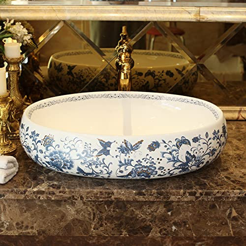 ROLTIN Lavabo da appoggio Lavabo da appoggio Ovale in Ceramica Lavelli da Bagno Lavelli Decorativi Blu e Bianchi