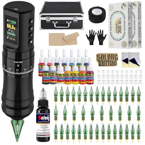 Solong Tattoo Maschine Set Profi, Rotary Wireless Tattoo Pen Gun Kit mit 1800mAh Akku, LCD Digital 40 Cartridges Nadeln 8 hochwertigen Tinten für Tattoo Anfänger und Künstler SLE96EN01SEU-1