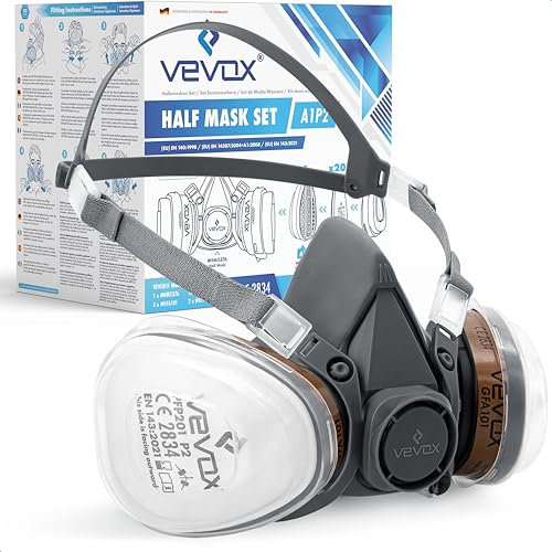 VEVOX® Atemschutzmaske – A1P2 Filter – Schutz gegen Feinstaub, Gase & Dämpfe – Zum Lackieren, Schleifen und Sanieren – Gasmaske, Staubmaske & Lackiermaske – inkl. 20x P2 Partikel- und 4x A1 Gasfilter