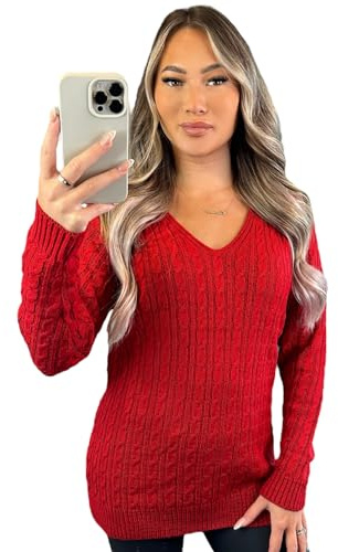 Stylish Doll Long Sleeve V-Neck Knitted Cable Women's Jumper Knitted Sweater Pull Over Jumper Top Knit Warm Winter Everday Chunky Casual Pullover Ladies Plain Tops UK (Red, 20-22)