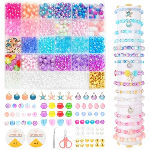 HUMTEOXI Perlen Set für Auffädeln, 1000+ Stück Perlen zum Auffädeln Kinder, Perlen Meerjungfrau zum Auffädeln, DIY Bracelet Making Basteln für Mädchen,Perlenset Kinder ab 6