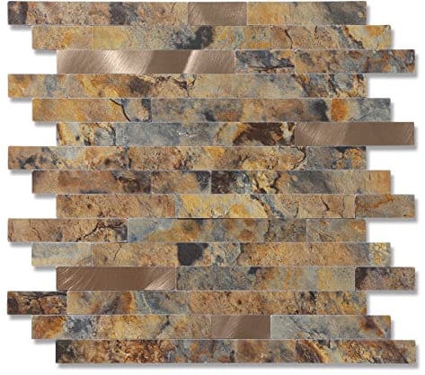 Yipscazo Peel and Stick Wood Metal Tile Backsplash, Stick on Tiles for Backsplash Kitchen, Bathroom, Laundry Room, Camper, Fireplace (12 X 12,20 Sheets in Brown Stone)