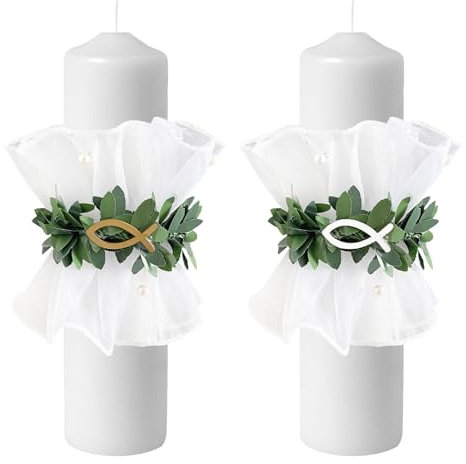 2 Stück Tropfenfänger Kommunionkerze, Tropfschutz Kerzenkranz mit Organza-Girlande und Christus Fisch, Kommunionkerze Tropfschutz für Taufe Kommunionkerze Konfirmation, für Kerzen mit 4-6 cm Durchmess