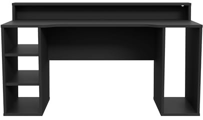 Gamingtisch >TEZAUR< in Schwarz matt (160/91/72 cm), robuste Spanplatte mit Melaminbeschichtung, 5 Fächer, 2 Böden, 50 kg belastbar, zerlegt geliefert.