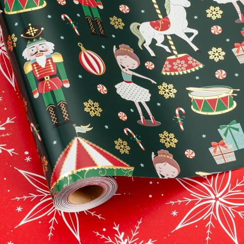 Retrify Christmas Wrapping Paper - Nutcracker Girl Ballet Snowflake Pattern Elegant Green Gift Wrap Paper for Holiday Shower Party Celebration - 17 Inch x 32.8 Feet Mini Roll