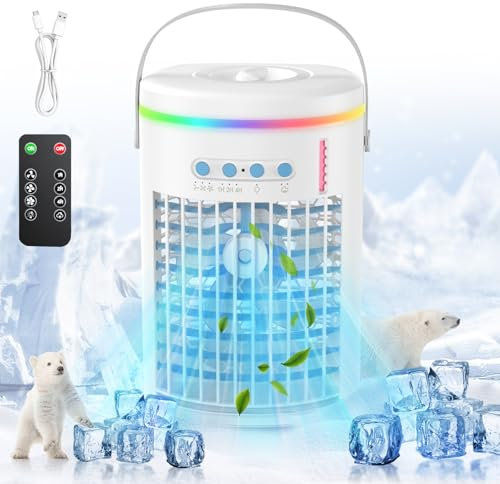 Aire Acondicionado Portátil, 1400ML Mini Enfriador de Aire Portátil con Control de Remoto,4 en 1 Mini Aire Acondicionado con 7 Colores LED para el Hogar, Oficina