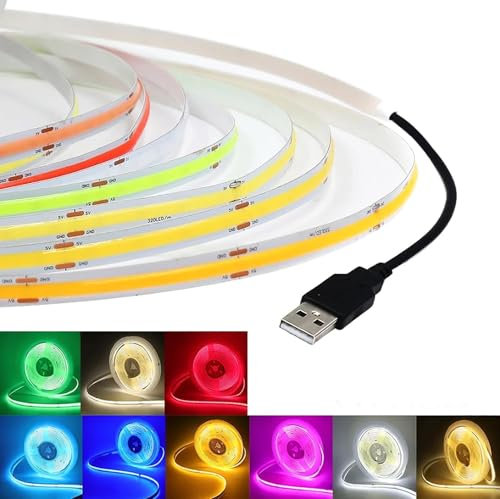 TOPXCDZ 5 V USB COB Led Streifen Licht Weiß/Rot/Grün/Rosa/Gelb 300 Leds flexible Band DC Nacht Lampe TV Hintergrundbeleuchtung Wohnkultur für Schlafzimmer, Unterschrank, Küche (Warm White, 1M)