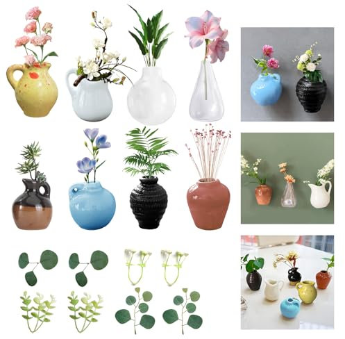 COWANIEE 16 Pcs Mini Fridge Magnet Vases Set, Cute Plant 3D Ceramic Flower Mini Vase Magnets