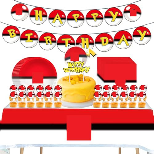 57 Stück Partygeschirr Set, Partygeschirr Kindergeburtstag Deko mit Geburtstag Banner, Tischtuch, Tortendeko, Pappteller, Servietten, Partygeschirr Satz für 10 Gäste