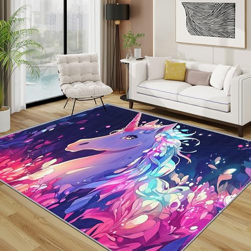 TerroVee Einhorn Teppich Waschbar, Fantasty Tiere Teppich 80x150 cm, Märchen Kinderzimmer Mädchen rutschfest Waschbar Pflegeleicht Teppiche Für Schlafzimmer Küche, Blau Rosa Violett