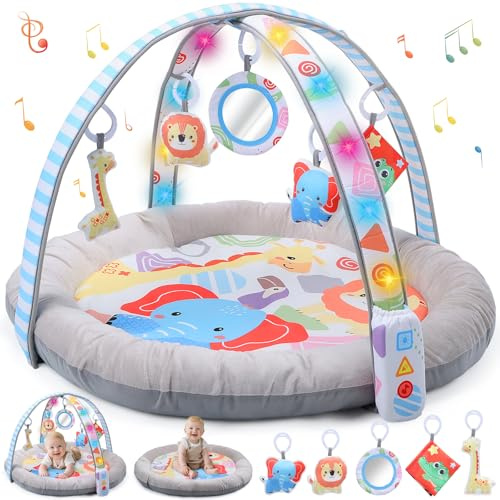 CUTE STONE Alfombra de juegos para bebés con luces, sonidos y juguetes desmontables – Alfombra de actividades para el desarrollo sensorial y motor – Volumen ajustable – Regalo ideal para recién nacido