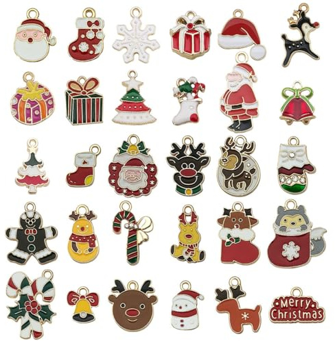 YOFDAL 30 Stück Weihnachten Charms,Basteln Weihnachten,Anhänger Weihnachten,Schmuck Anhänger,Gold Emaille Schmuck Anhänger für Weihnachten Ohrringe Armband Halskette Basteln(Zufälliger Stil)