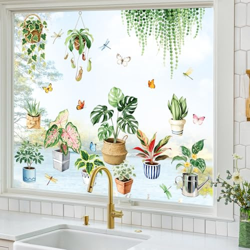 Tanlaby Fensterbilder Pflanzen Blätter Tropische Palmenblätter Grün | Frühling Sommer Anti Kollision für Glas Fenster Türen Spiegel Fensterdeko Aufkleber