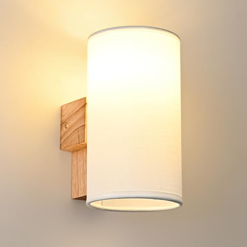 Gleonlux Wandleuchte Holz Innen, Vintage Wandlampe innen mit E14 Fassung， Retro Wandleuchten Boho aus Stoffbezug， Wandbeleuchtung Industrial für Treppenhaus Wohnzimmer Schlafzimmer Flur, Zylindrisch
