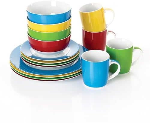 Waterside 16pc Porcelain Multi Colour Dinnerware Set | 4 Dinner Plates, 4 Side Plates, 4 Deep Bowls, 4 Mugs, Dishwasher & Microwave Safe
