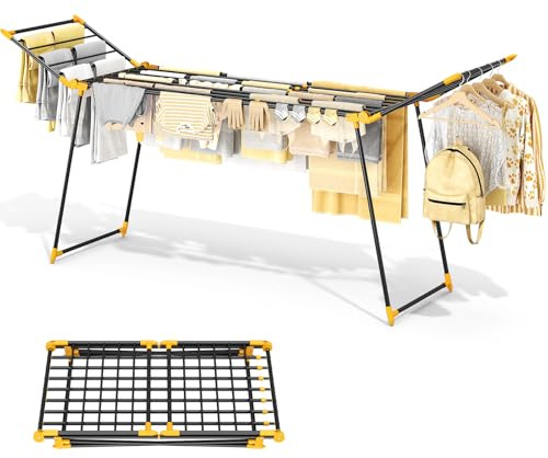 KINGRACK Clothes Airer with 2 Folding Wings, Extendable Stand Dryer Made of Tubular Steel, Variable Width 177.8-254 cm, Foldable Wing Clothes Dryer for Balcony & Indoor Use, Space Saving (Yellow, L)